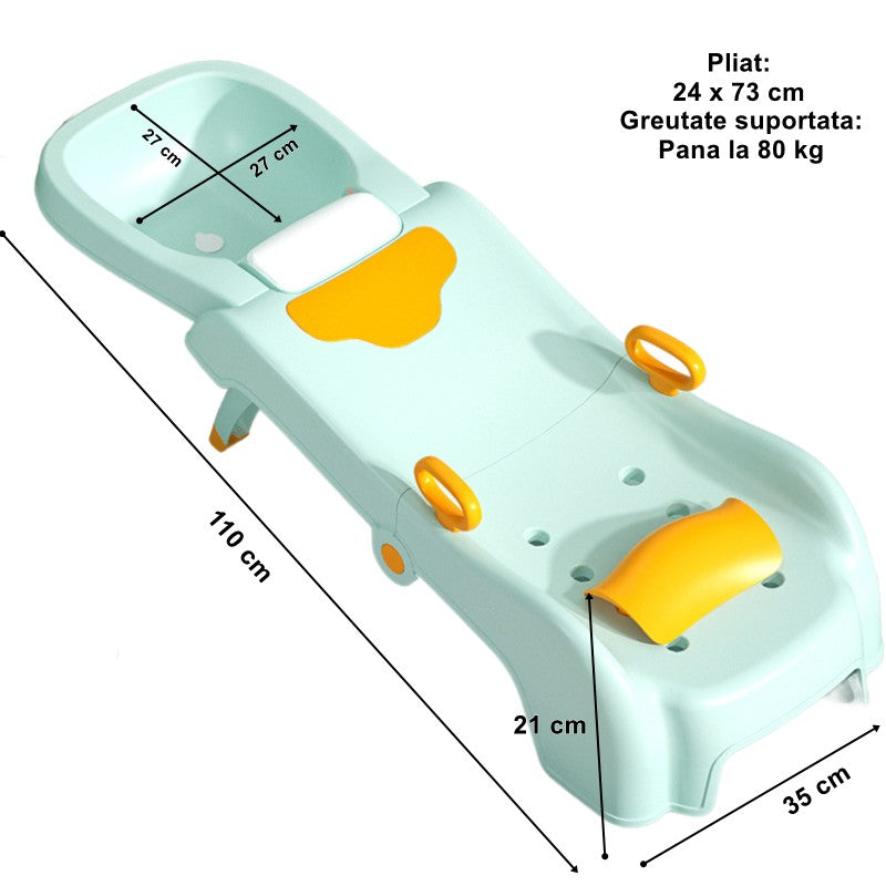 Suport Pliabil pentru Spalat Parul Klevo, Pentru Copii, cu Scurgere, cu Picioare Antialunecare, Material Polipropilena, Suport Cap Reglabil, cu Manere, 110 x 35 x 21 cm, Verde