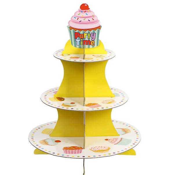 Suport Prajituri, Klevo, 3 Etaje, Design de Petrecere, pentru Prajituri, Candy Bar, din Carton, Galben/Multicolor
