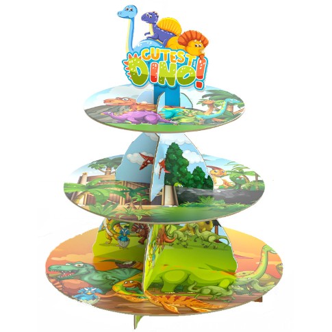 Etajera pentru Prajituri, Klevo, din Carton, 3 Nivele, 16/22/29 cm Diametru, Inaltime 38 cm, Tema Dinozauri Dino, Multicolor