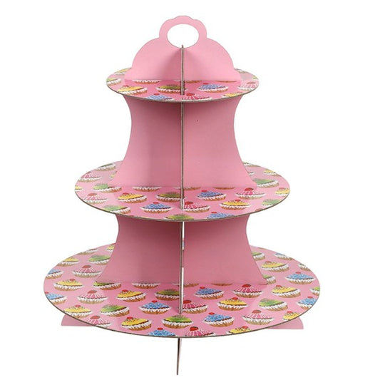 Suport Prajituri, Klevo, 3 Etaje, Design de Petrecere, pentru Prajituri, Candy Bar, din Carton, Roz/Multicolor
