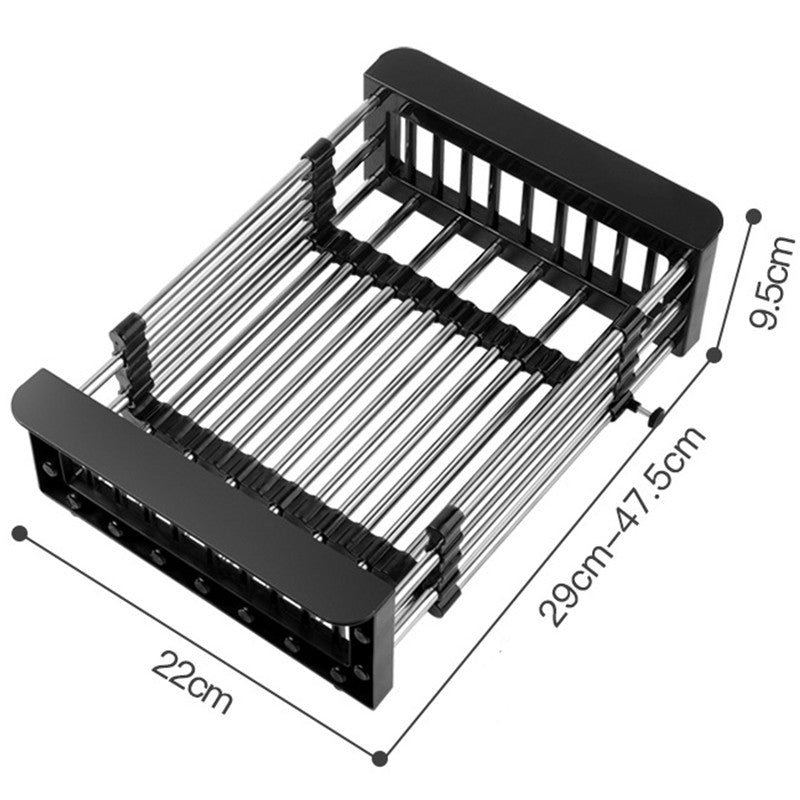 Suport Scurgere Extensibil pentru Bucatarie, Klevo, Uscator Vase din Otel Inoxidabil, Suport Tacamuri si Pahare, Suport pentru Fructe si Legume, 29 x 22 x 9.5 cm Negru