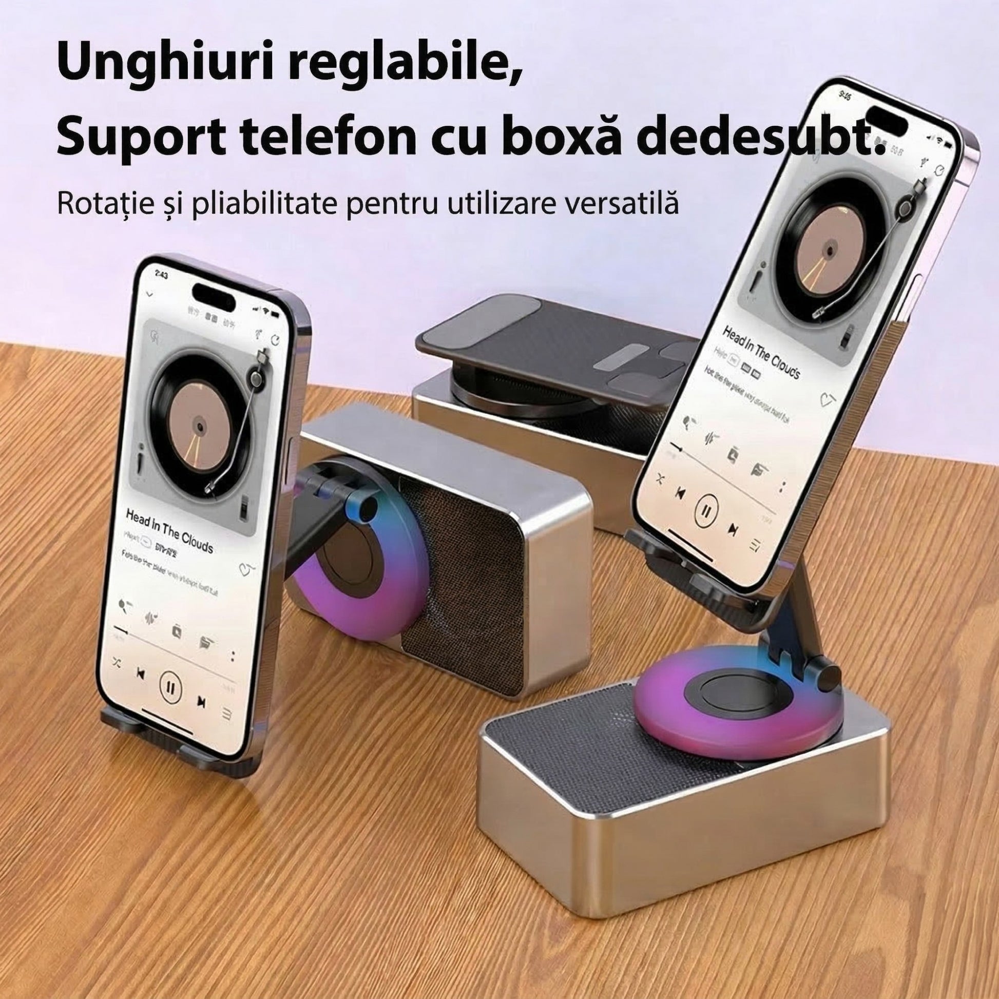 Suport Telefon cu Boxa Bluetooth, Klevo, Wireless, Rotativ 360°, Pliabil, 5 W, Acumulator 1500 mAh, USB Type-C, 12,2 x 7,4 x 5,8 cm, Negru