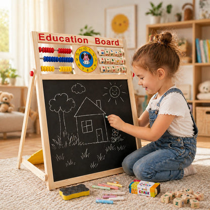 Tabla Educativa Magnetica cu Doua Fete, Klevo, Cadru din Lemn, Abac, Ceas, Litere, Cifre si Semne Matematice, Reglabila pe Inaltime, 52x36 cm