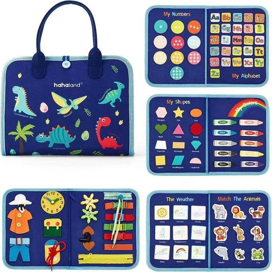 Carte Senzoriala Educativa Montessori, Klevo, Dezvoltare Abilitati Motorii, 5 Pagini, Model Dinozauri, 28x22x7 cm, Albastru