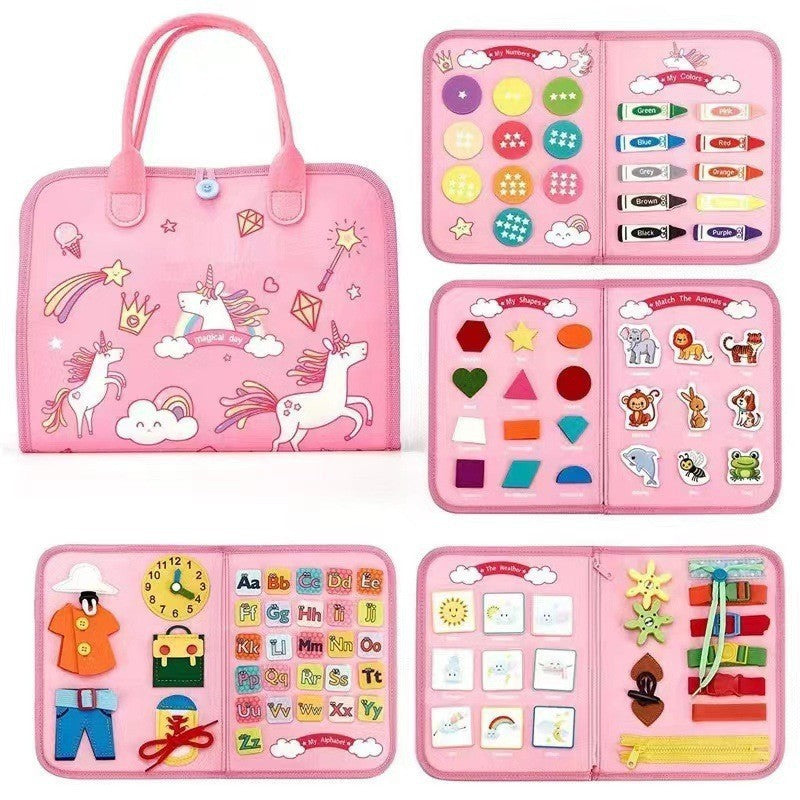 Carte Senzoriala Educativa Montessori, Klevo, Dezvoltare Abilitati Motorii, 5 Pagini, Model Unicorni, 28x22x7 cm, Roz
