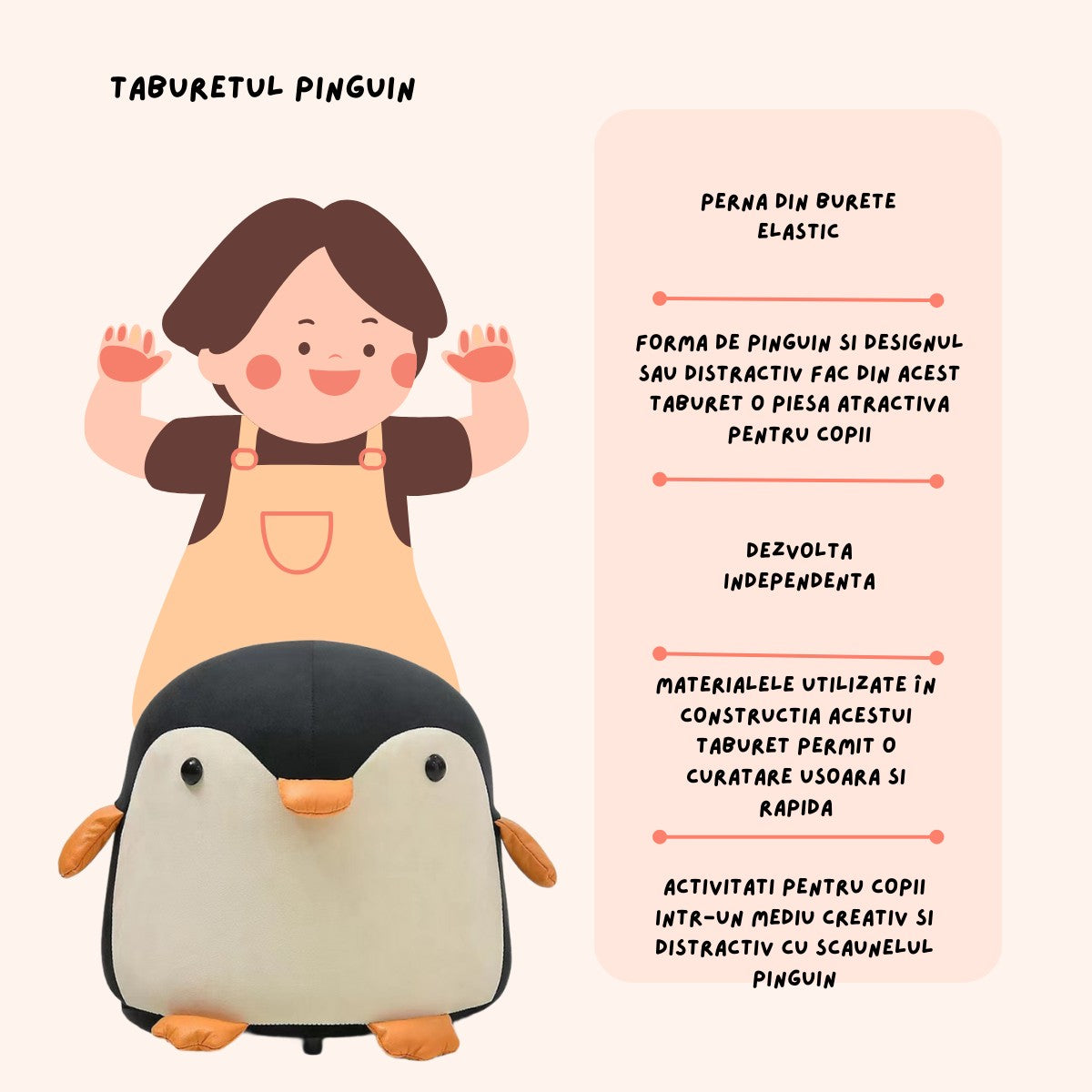 Taburet Pentru Copii, Klevo, Cadru din Lemn Masiv, 25 x 29 x 29 cm, Perna de Burete Elastica si Maner de Transport, in Forma de Pinguin, Negru