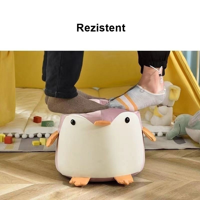 Taburet Pentru Copii, Klevo, Cadru din Lemn Masiv, 25 x 29 x 29 cm, Perna de Burete Elastica si Maner de Transport, in Forma de Pinguin, Roz
