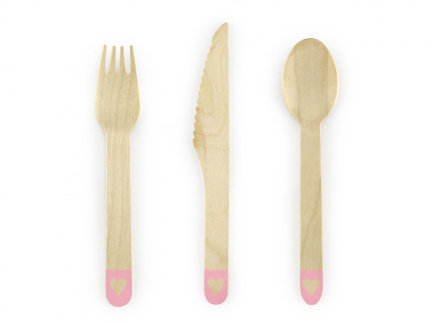 Tacâm de lemn cu inimi, roz pal, 16cm (1 set / 18 bucăți)