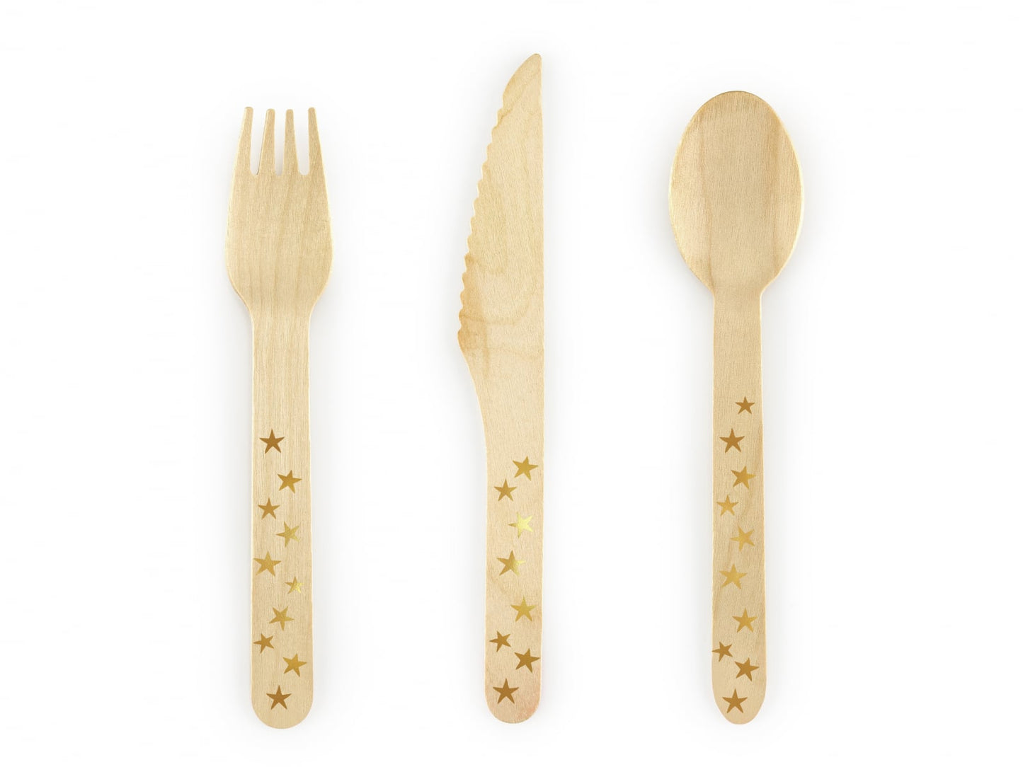 Tacâm de lemn cu stele, auriu, 16cm (1 set / 18 bucăți)