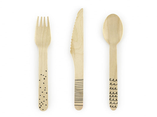 Tacâm de lemn, negru, 16cm (1 set / 18 bucăți)