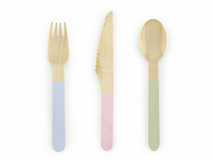 Tacâm de lemn, culori pastelate, 16cm (1 set / 18 bucăți)