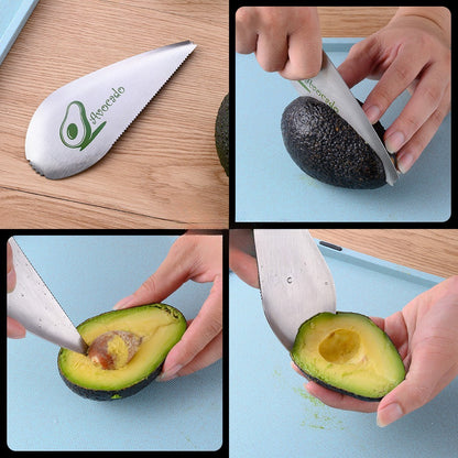 Taietor special pentru avocado Klevo, 3 in 1, forma curbata, zimti pentru apucare si taiere, din otel inoxidabil, 15 x 6 cm, gri