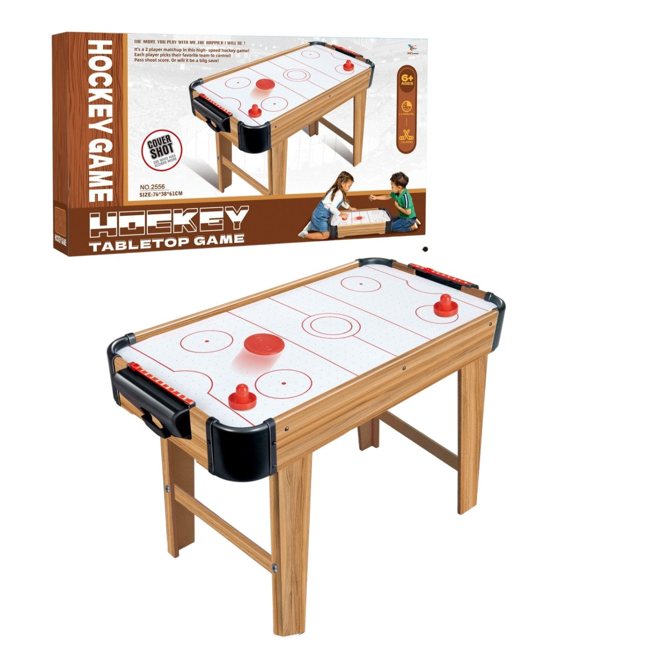 Masa Air Hockey Graffiti cu Picioare Lungi, Klevo, Lemn, 2 Pucuri, Tabela Scor, 2 Impingatoare, 76x38x61 cm, Maro
