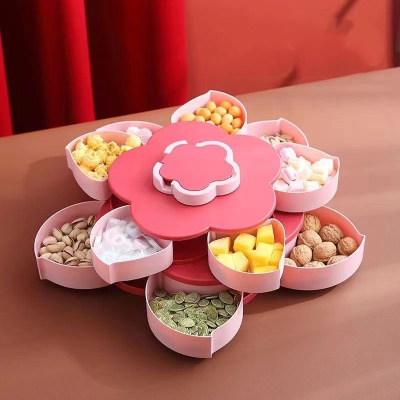 Tava pentru Servire, Klevo, pentru Fructe / Legume / Snackuri, cu Sertare, Deschidere Rotativa, pe 2 Straturi, in Forma de Floare, 26 x 26 x 11.5 cm Roz