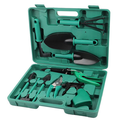 Set 10 accesorii pentru gradinarit Klevo, geanta depozitare inclusa, otel inoxidabil, 37 x 28 cm, verde
