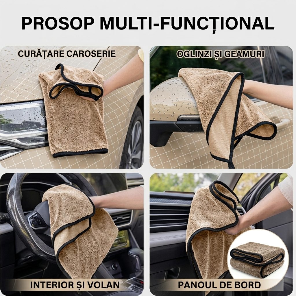Prosop Uscare Auto, Klevo, 600 GSM, Microfibra Premium, Ultra Absorbant, Fara Urme, 90x70 cm, Bej