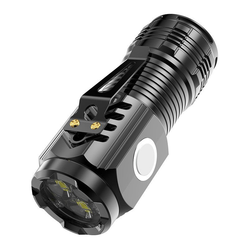 Lanterna cu 3 Nuclee Led, Klevo, Incarcare USB, Autonomie 4-20h, Raza Maxima 100-200 m, 5W, 4 x 4 x 9 cm, Suport de Agatat, Fund Magnetic, Negru Galvanizat