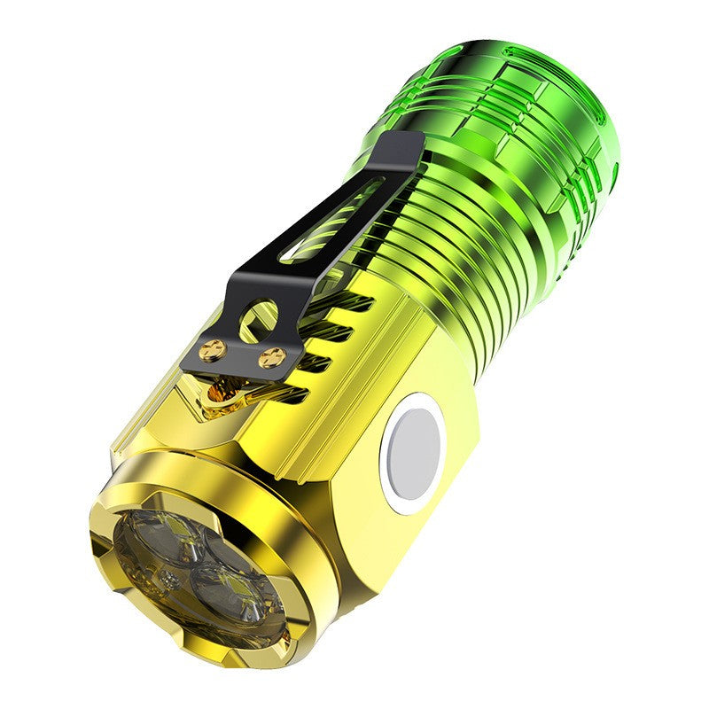Lanterna cu 3 Nuclee Led, Klevo, Incarcare USB, Autonomie 4-20h, Raza Maxima 100-200 m, 5W, 4 x 4 x 9 cm, Suport de Agatat, Fund Magnetic, Galben/Verde