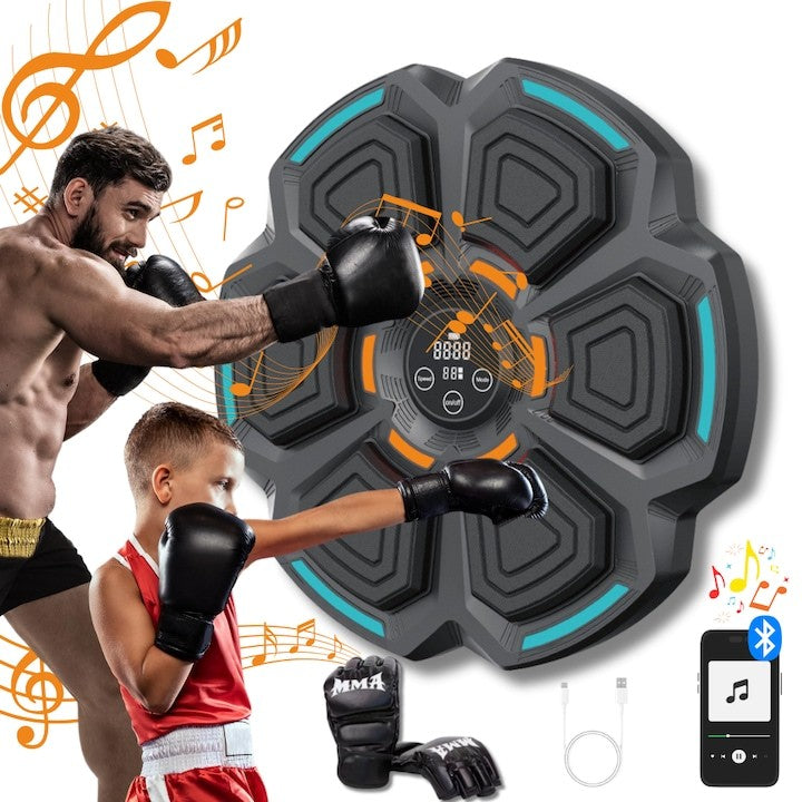 Tinta Lovituri Box Montabil pe Perete, Klevo, Negru, Difuzor, Bluetooth, Iluminare LED, 41.5 x 6.5 x 42 cm, Manusi Incluse