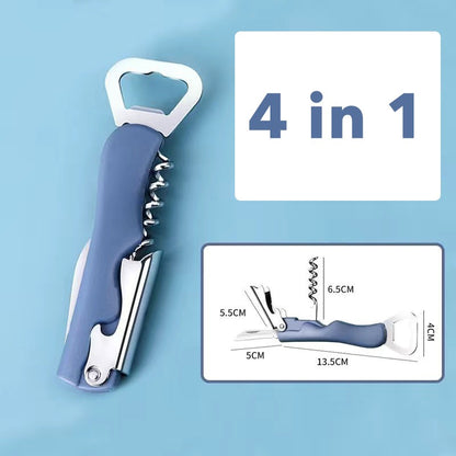 Tirbuson de Sticle 4 in 1, Klevo, Desfacator de Sticle Multifunctional, din Inox cu Maner Anti Alunecare, 13.5 x 4 cm Albastru