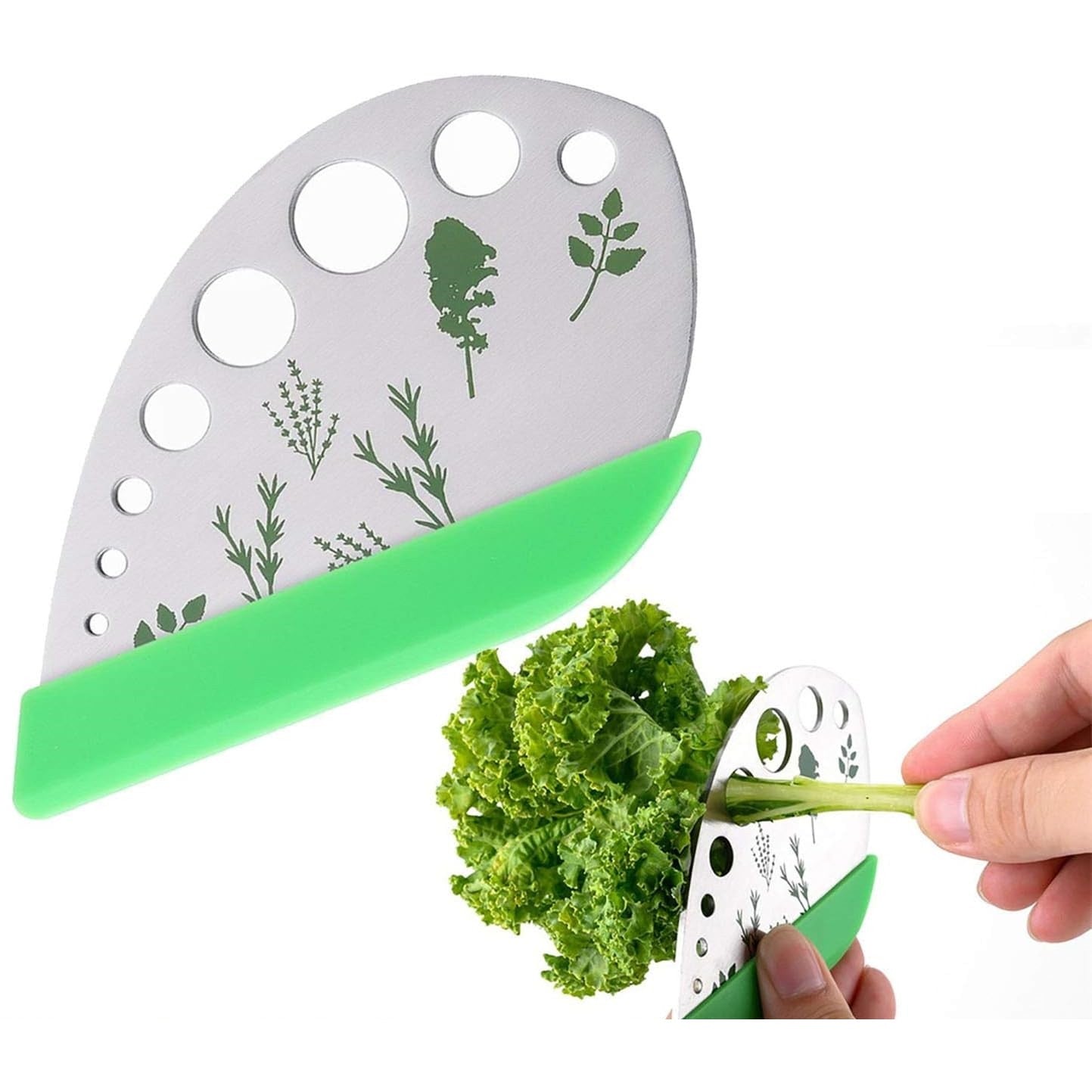 Tocator manual pentru ierburi Klevo, instrument de curatat frunze, margini ascutie, 9 gauri de diferite dimensiuni, multifunctional, material otel inoxidabil, maner ergonomic, rezistent la rugina, 12.3 x 6.9 cm, argintiu