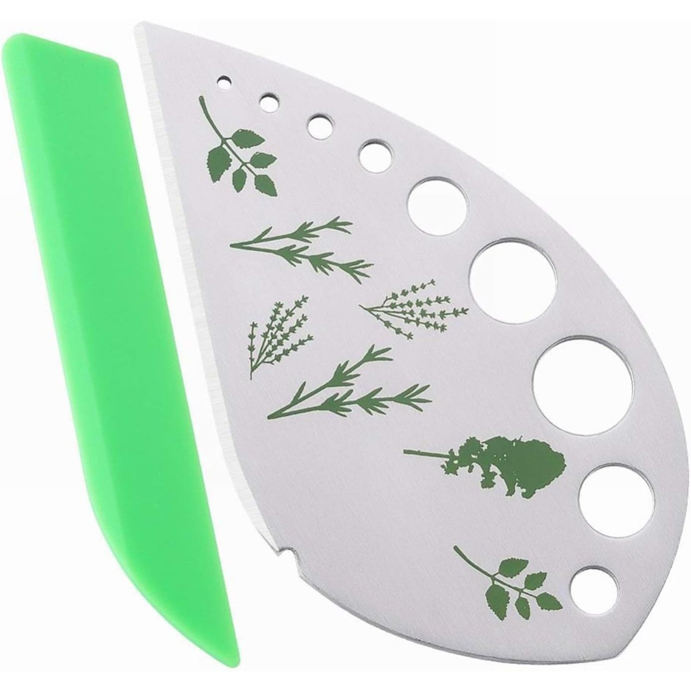 Tocator manual pentru ierburi Klevo, instrument de curatat frunze, margini ascutie, 9 gauri de diferite dimensiuni, multifunctional, material otel inoxidabil, maner ergonomic, rezistent la rugina, 12.3 x 6.9 cm, argintiu