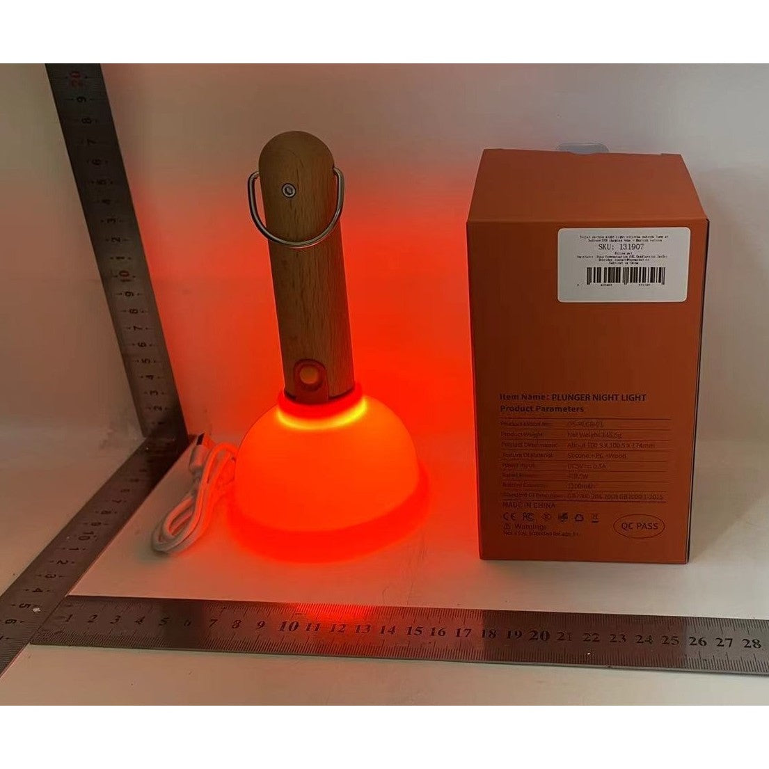 Lampa Nocturna, Klevo, Model Ventuza de Toaleta, Alimentare USB, din Lemn si Silicon, 16 x 9 cm, Portocaliu