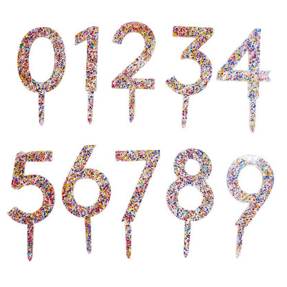 Decoratiune Topper pentru Tort, Klevo, din Acrilic cu Fulgi de Sclipici, Model Cifra 5, Inaltime 18.5 cm, Transparent Multicolor