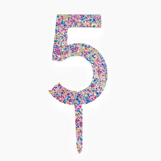 Decoratiune Topper pentru Tort, Klevo, din Acrilic cu Fulgi de Sclipici, Model Cifra 5, Inaltime 18.5 cm, Transparent Multicolor