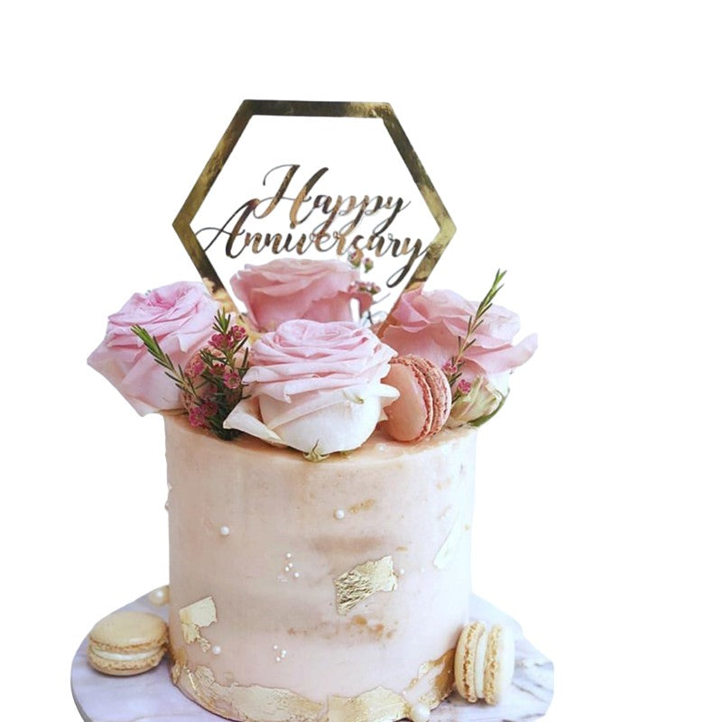 Decoratiune Topper pentru Tort, Klevo, Model Hexagon Scris Happy Birthday, Tematica Aniversare, Auriu
