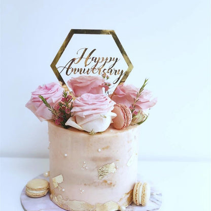 Decoratiune Topper pentru Tort, Klevo, Model Hexagon Scris Happy Birthday, Tematica Aniversare, Auriu
