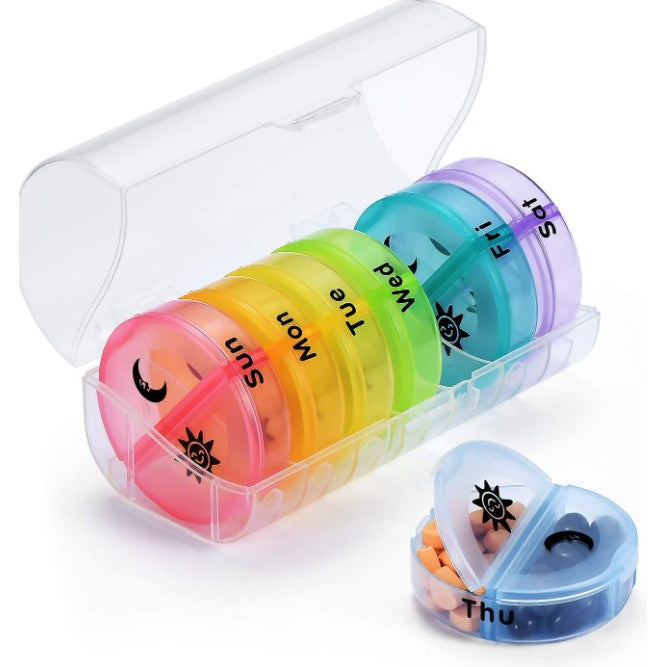 Cutie Depozitare Medicamente, Klevo, 7 Zile, 14 Compartimente, Cutie Suport, Recipiente Detasabile, Portabila, Multicolor, 17.5x11x9.5 cm