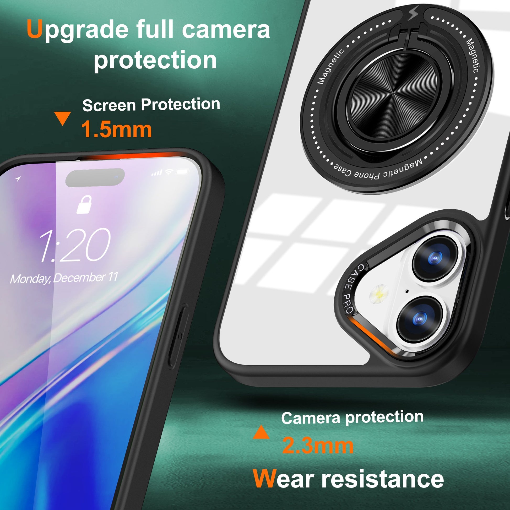 Husa de Protectie TPU, Klevo, pentru iPhone 16, Anticadere, cu Incarcare Wireless, Tehnologie Magsafe, Inel Magnetic Rotativ cu Functie de Suport, Transparent-Negru