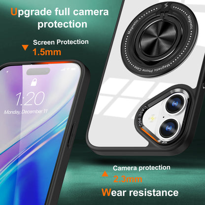 Husa de Protectie TPU, Klevo, pentru iPhone 16 Plus, Anticadere, cu Incarcare Wireless, Tehnologie Magsafe, Inel Magnetic Rotativ cu Functie de Suport, Transparent-Negru
