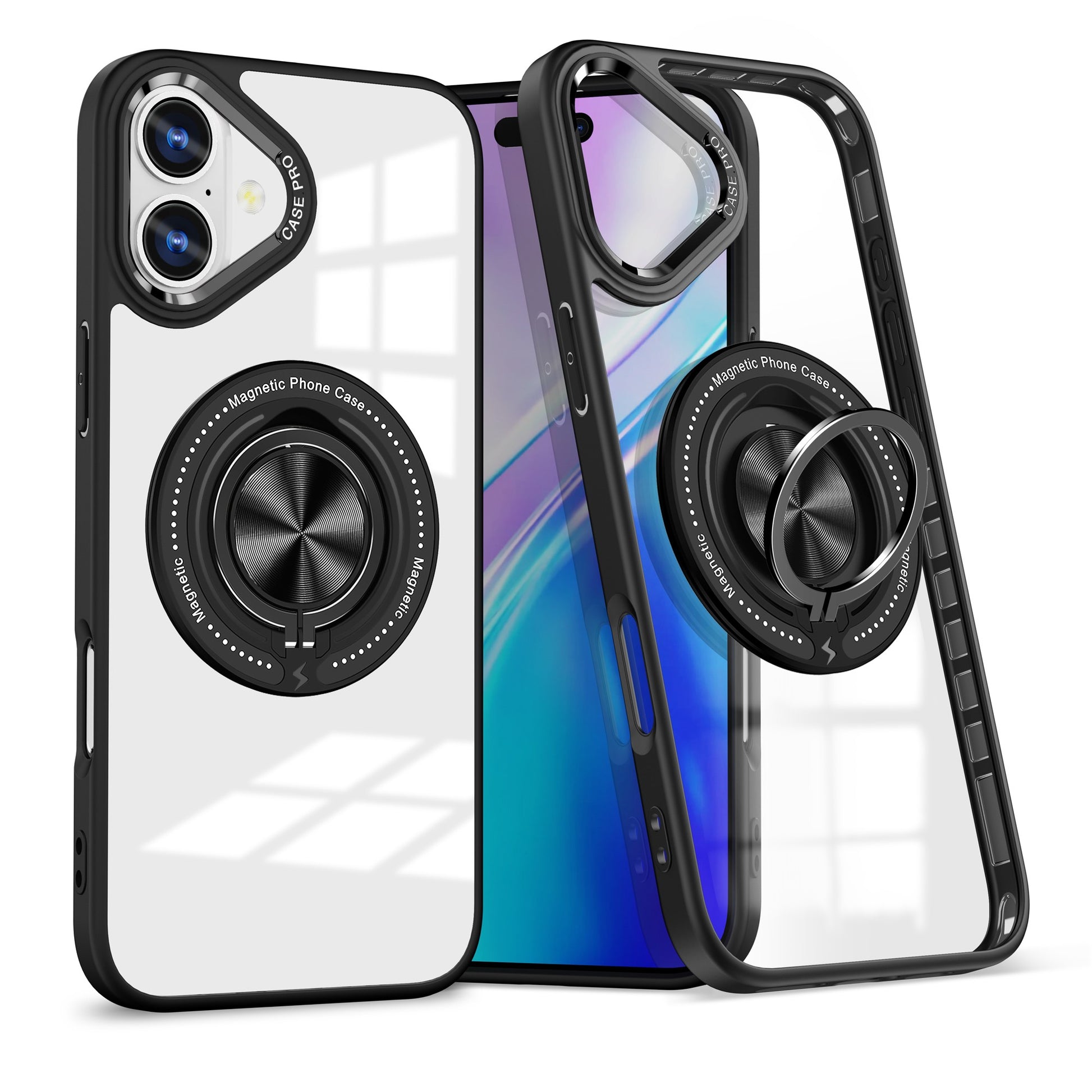 Husa de Protectie TPU, Klevo, pentru iPhone 16 Plus, Anticadere, cu Incarcare Wireless, Tehnologie Magsafe, Inel Magnetic Rotativ cu Functie de Suport, Transparent-Negru