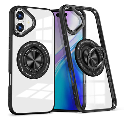 Husa de Protectie TPU, Klevo, pentru iPhone 16 Plus, Anticadere, cu Incarcare Wireless, Tehnologie Magsafe, Inel Magnetic Rotativ cu Functie de Suport, Transparent-Negru