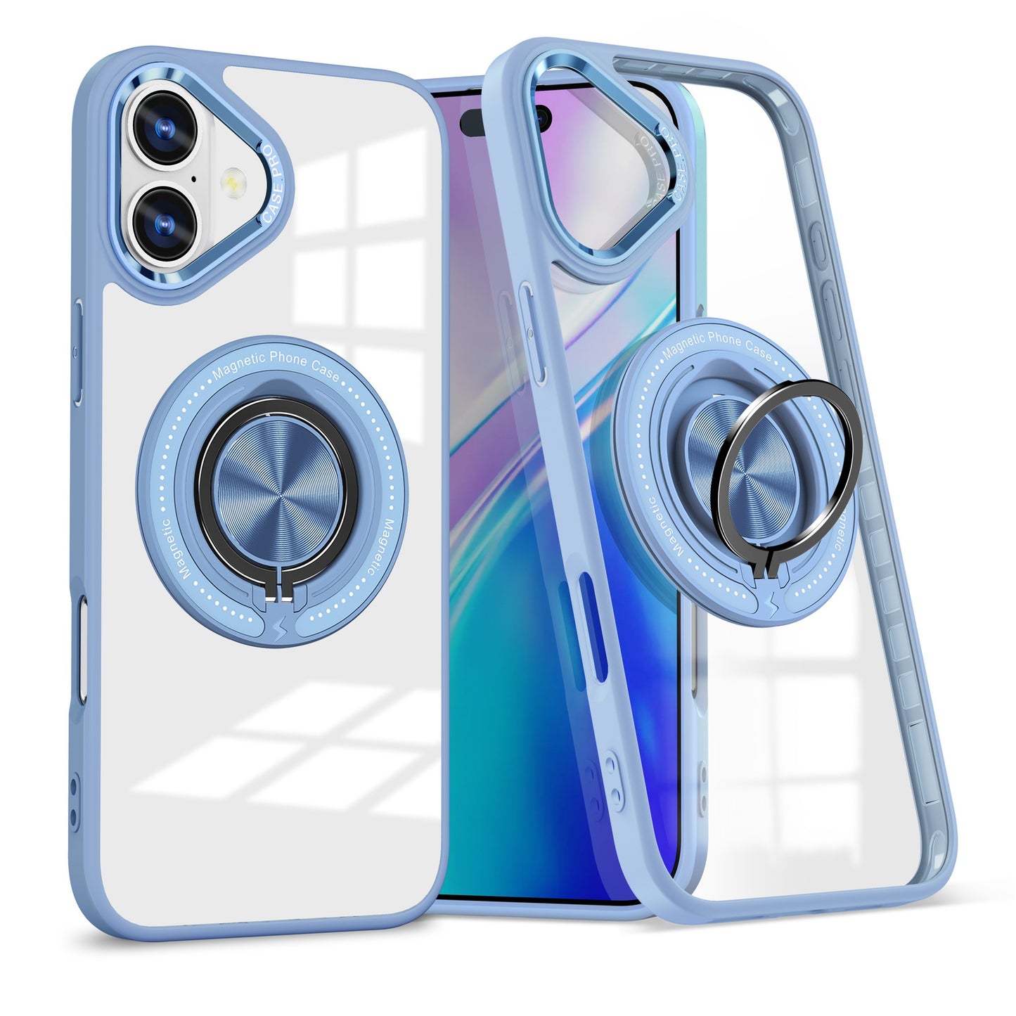 Husa de Protectie TPU, Klevo, pentru iPhone 16, Anticadere, cu Incarcare Wireless, Tehnologie Magsafe, Inel Magnetic Rotativ cu Functie de Suport, Transparent-Albastru Deschis