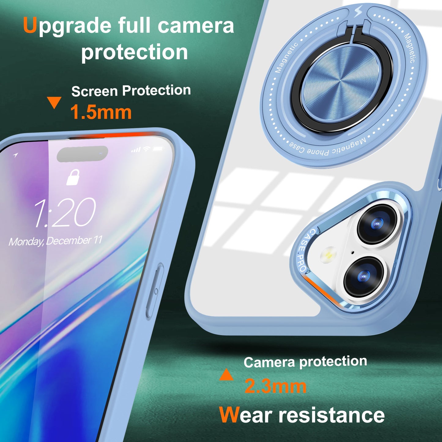 Husa de Protectie TPU, Klevo, pentru iPhone 16 Plus, Anticadere, cu Incarcare Wireless, Tehnologie Magsafe, Inel Magnetic Rotativ cu Functie de Suport, Transparent-Albastru Deschis