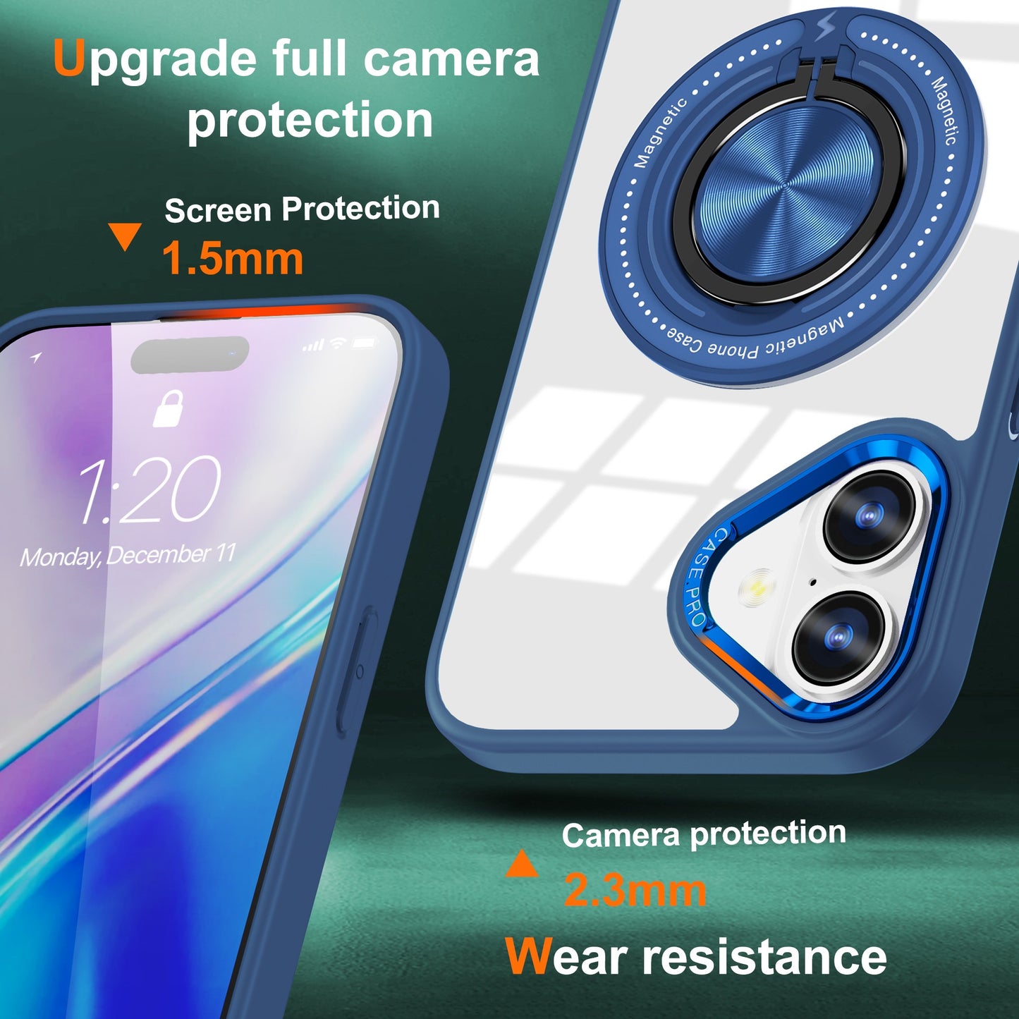Husa de Protectie TPU, Klevo, pentru iPhone 16, cu Incarcare Wireless, Tehnologie Magsafe, Inel Magnetic Rotativ cu Functie de Suport, Transparent-Albastru Inchis