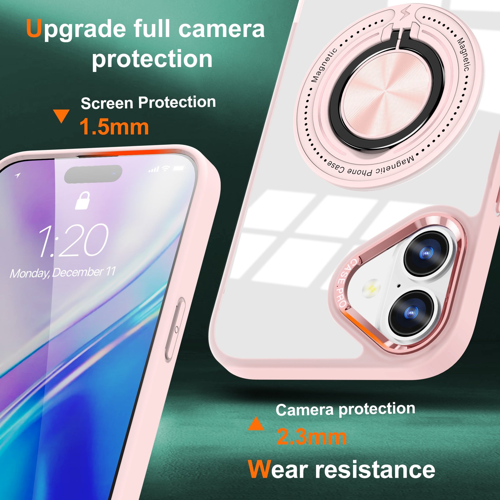 Husa de Protectie TPU, Klevo, pentru iPhone 16, Anticadere, cu Incarcare Wireless, Tehnologie Magsafe, Inel Magnetic Rotativ cu Functie de Suport, Transparent-Roz