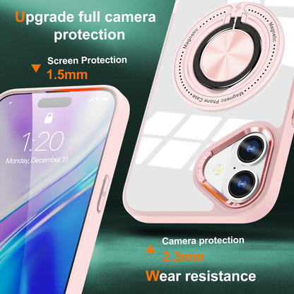 Husa de Protectie TPU, Klevo, pentru iPhone 16, Anticadere, cu Incarcare Wireless, Tehnologie Magsafe, Inel Magnetic Rotativ cu Functie de Suport, Transparent-Roz