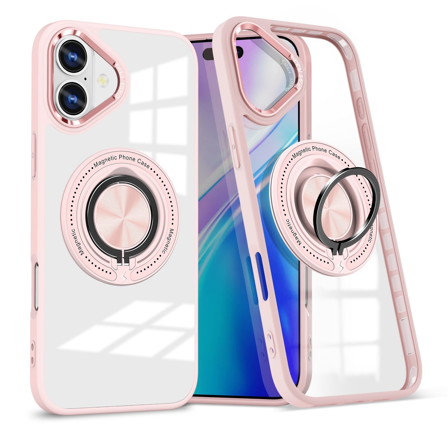 Husa de Protectie TPU, Klevo, pentru iPhone 16 Plus, Anticadere, cu Incarcare Wireless, Tehnologie Magsafe, Inel Magnetic Rotativ cu Functie de Suport, Transparent-Roz