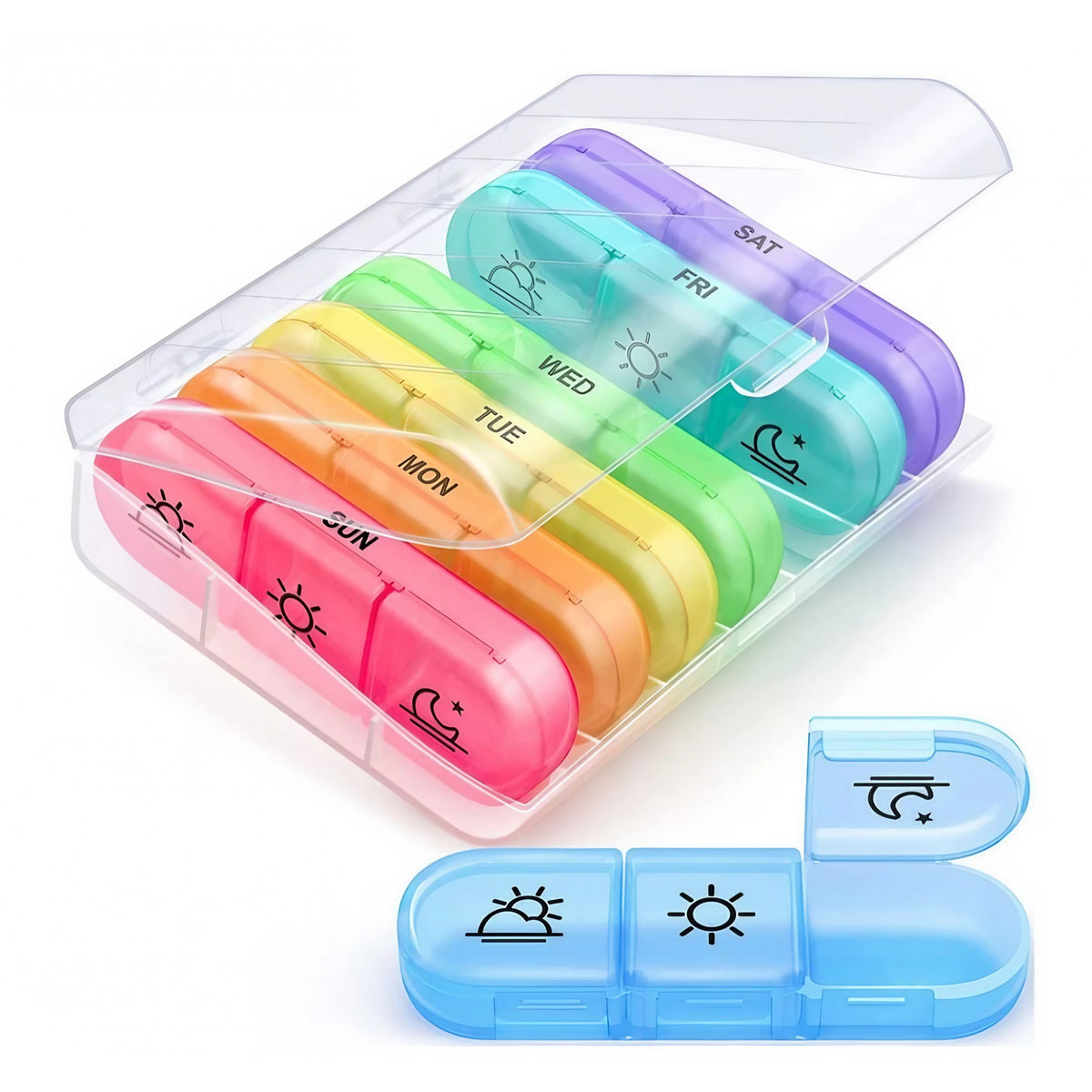 Cutie Depozitare Medicamente, Klevo, 7 Zile, 21 Compartimente, Cutie Suport, Recipiente Detasabile, Portabila, Multicolor, Cutie Transparenta, 15.6x12 cm