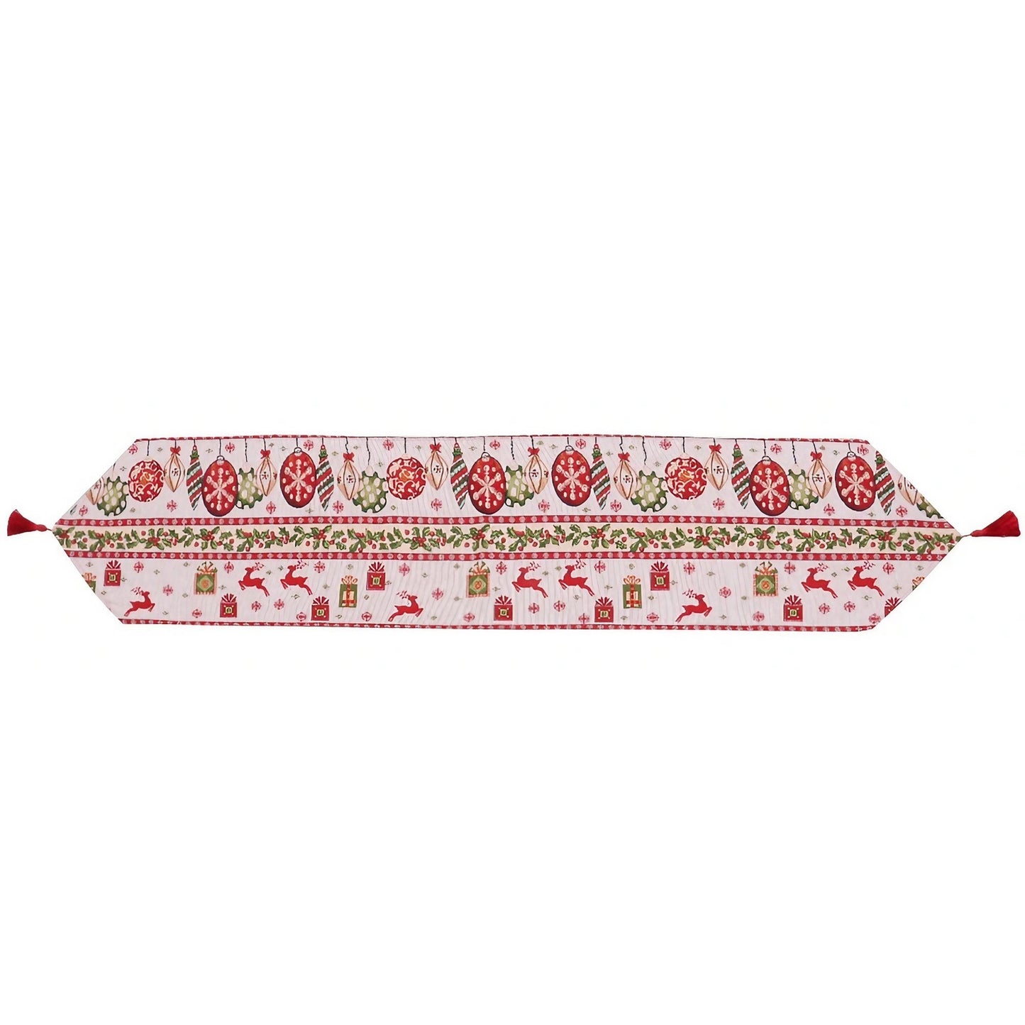 Traversa de Masa pentru Craciun, Klevo, Napron, din Material Tricotat cu Tesatura Groasa, Model Globuri, Reni si Cadouri, cu Colt si Ciucure, 173x34x0.2 cm, Alb/ Rosu