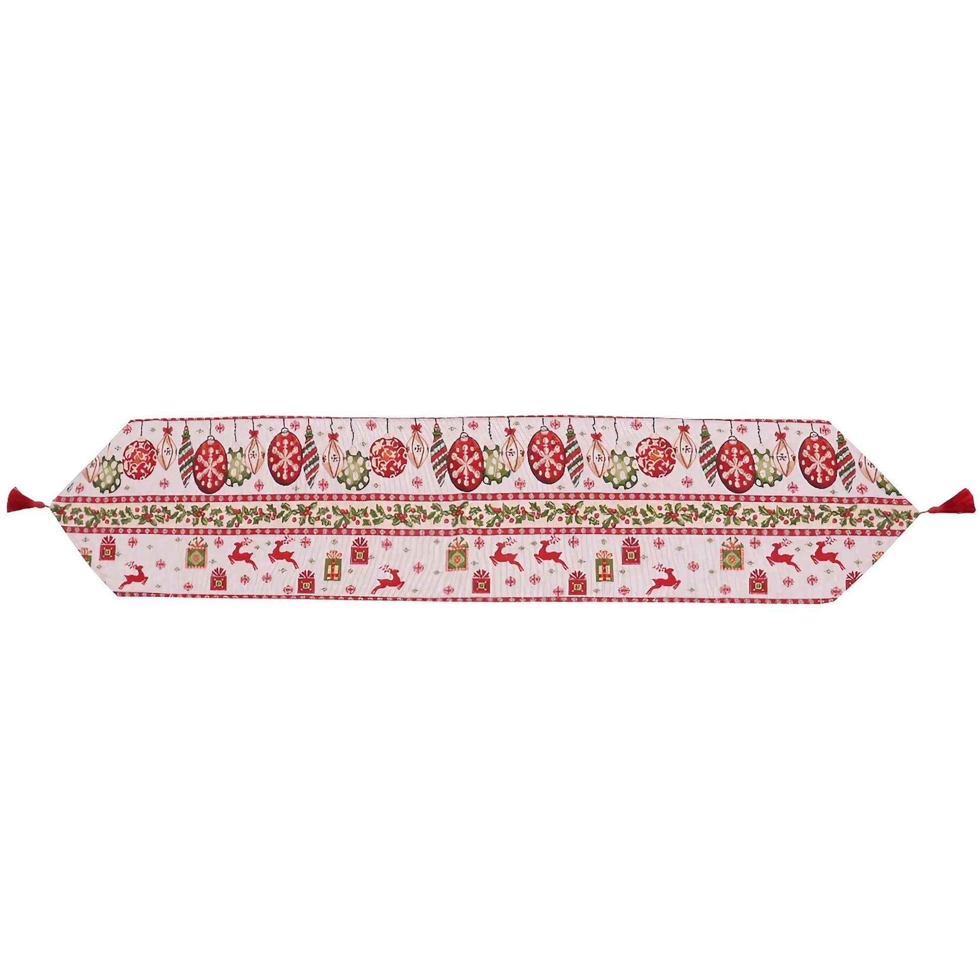 Traversa de Masa pentru Craciun, Klevo, Napron, din Material Tricotat cu Tesatura Groasa, Model Globuri, Reni si Cadouri, cu Colt si Ciucure, 173x34x0.2 cm, Alb/ Rosu