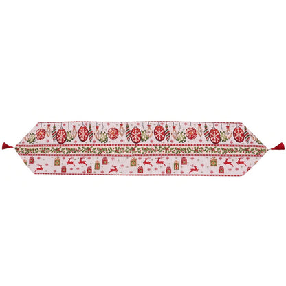 Traversa de Masa pentru Craciun, Klevo, Napron, din Material Tricotat cu Tesatura Groasa, Model Globuri, Reni si Cadouri, cu Colt si Ciucure, 173x34x0.2 cm, Alb/ Rosu