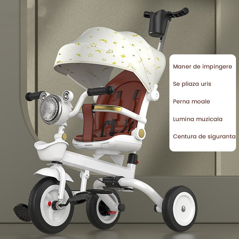 Tricicleta multifunctionala pentru Copii, Klevo, Cu Copertina Pliabila, Tip Impingere, Scaun Rotativ cu Functie Sezut si Culcat, Ghidon cu Cos Lumini si Muzica, Suport Pahar, 80 x 60 x 53 cm, Alb Ivory