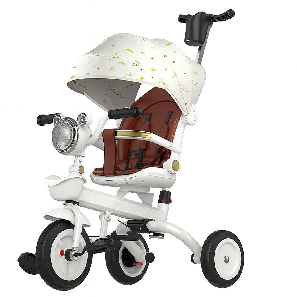 Tricicleta multifunctionala pentru Copii, Klevo, Cu Copertina Pliabila, Tip Impingere, Scaun Rotativ cu Functie Sezut si Culcat, Ghidon cu Cos Lumini si Muzica, Suport Pahar, 80 x 60 x 53 cm, Alb Ivory