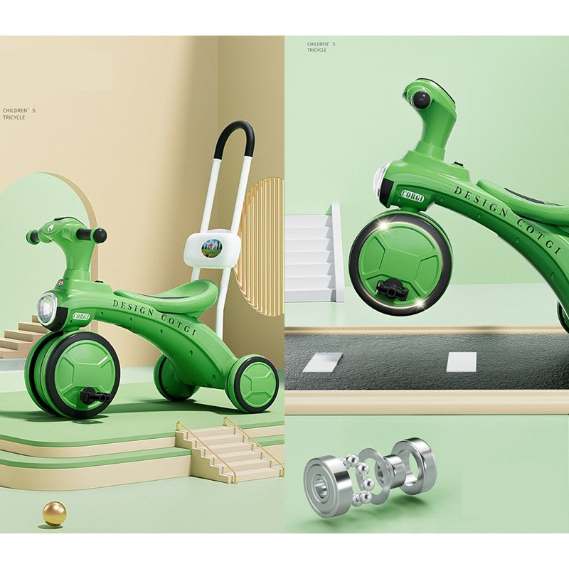 Tricicleta pentru copii Klevo, pedalare, impingere, lumini si sunete, pedale antiderapante, material dur, cos depozitare, varsta peste 18 luni