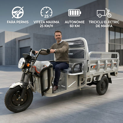 Triciclu Electic de Marfa Chuanqi, Saige, Fara Permis, Motor 1600W, Baterie 72V32Ah, Autonomie 60km, 250x88x115 cm, Viteza Maxima 25km/h, Gri